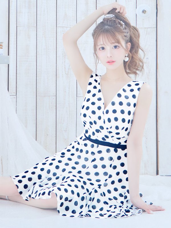画像2: 【VELIQUE/ヴェリーク】ドット/ Vネック/ノースリーブ/ フレア/ ワンピース/ ミニドレス/ キャバドレス【HC02】 (2)