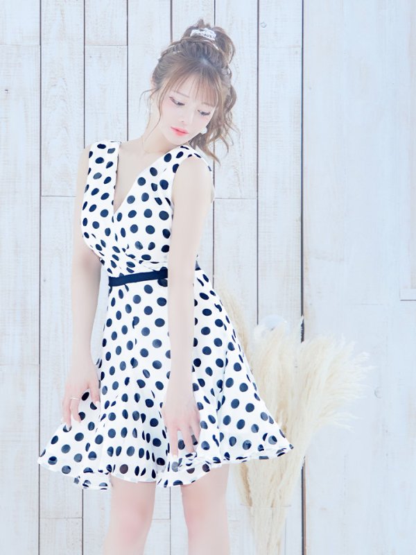 画像3: 【VELIQUE/ヴェリーク】ドット/ Vネック/ノースリーブ/ フレア/ ワンピース/ ミニドレス/ キャバドレス【HC02】 (3)