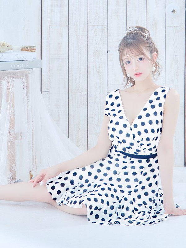 画像6: 【VELIQUE/ヴェリーク】ドット/ Vネック/ノースリーブ/ フレア/ ワンピース/ ミニドレス/ キャバドレス【HC02】 (6)