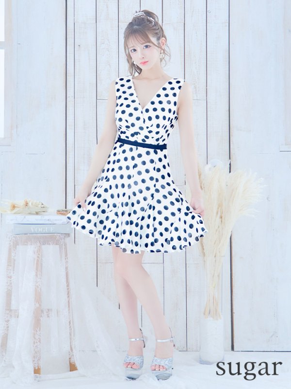 画像7: 【VELIQUE/ヴェリーク】ドット/ Vネック/ノースリーブ/ フレア/ ワンピース/ ミニドレス/ キャバドレス【HC02】 (7)