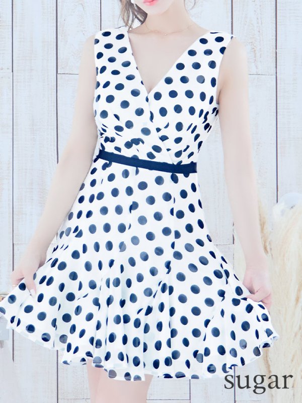 画像8: 【VELIQUE/ヴェリーク】ドット/ Vネック/ノースリーブ/ フレア/ ワンピース/ ミニドレス/ キャバドレス【HC02】 (8)