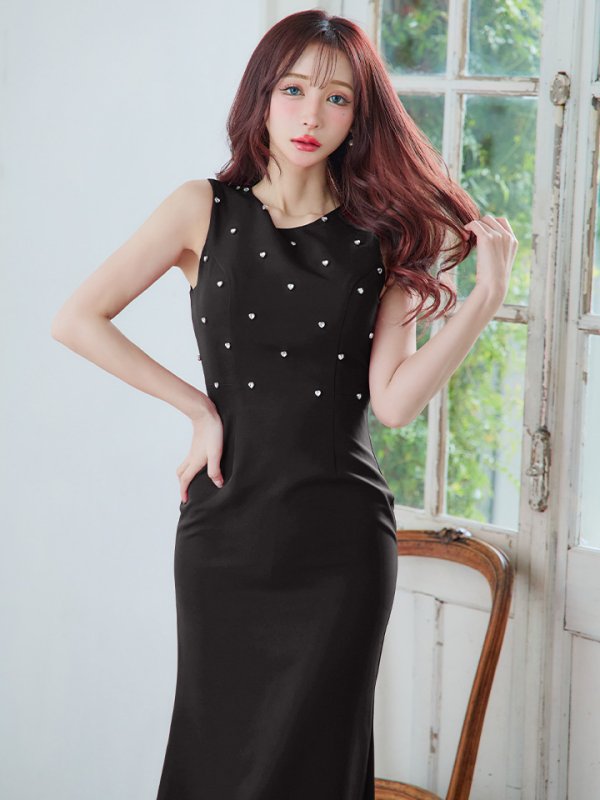 画像3: 【VELIQUE/ヴェリーク】ハートビジュー/ シンプル/ ワンカラー/ ノースリーブ/ ボートネック/ タイト/ ロングドレス/ キャバドレス/ long【HC02】 (3)