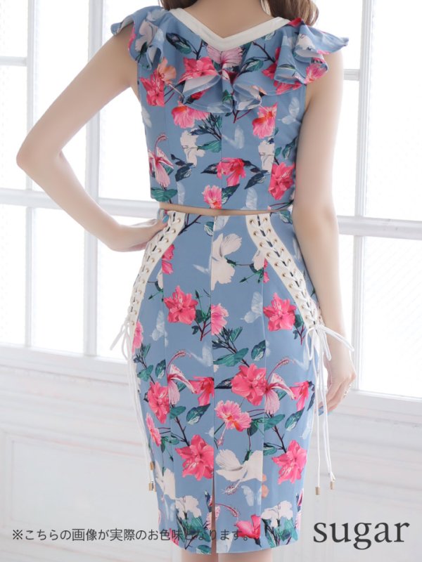 画像4: 即日発送!!【Sifflet/シフレ】フラワープリント /編み上げデザイン/フリル/ セットアップ/ タイト/キャバドレス[HC03] (4)