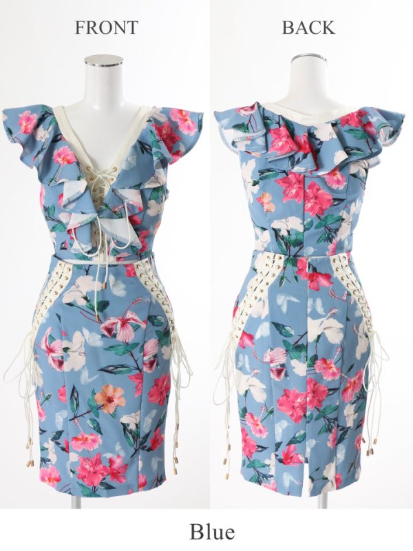 画像5: 即日発送!!【Sifflet/シフレ】フラワープリント /編み上げデザイン/フリル/ セットアップ/ タイト/キャバドレス[HC03] (5)