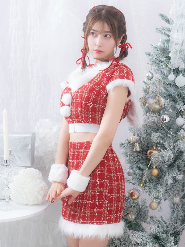 画像2: 【即日発送！】【サンタコス 5点セット】【XS-XLサイズ/2カラー】ツイードチェックバニーサンタコスプレ[OF04] (2)