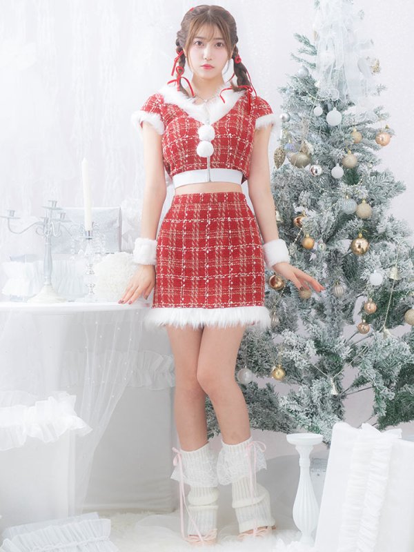 画像3: 【即日発送！】【サンタコス 5点セット】【XS-XLサイズ/2カラー】ツイードチェックバニーサンタコスプレ[OF04] (3)