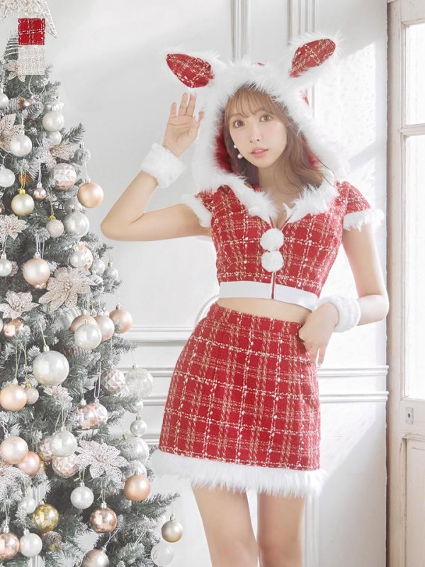 画像5: 【即日発送！】【サンタコス 5点セット】【XS-XLサイズ/2カラー】ツイードチェックバニーサンタコスプレ[YMT] (5)