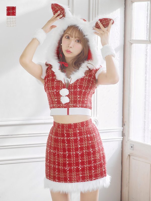 画像6: 【即日発送！】【サンタコス 5点セット】【XS-XLサイズ/2カラー】ツイードチェックバニーサンタコスプレ[YMT] (6)
