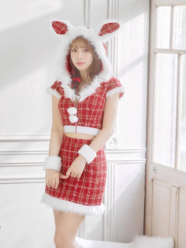 画像4: 【即日発送！】【サンタコス 5点セット】【XS-XLサイズ/2カラー】ツイードチェックバニーサンタコスプレ[YMT] (4)