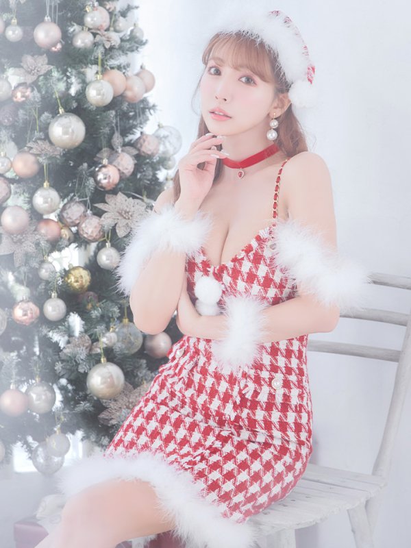画像2: SALE!【サンタコス5点セット】【S-XLサイズ/1カラー】千鳥柄ツイードキャミドレスサンタコスプレ[OF04] (2)