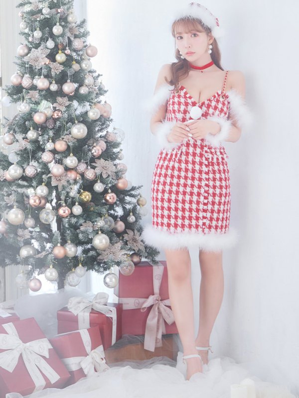 画像11: SALE!【サンタコス5点セット】【S-XLサイズ/1カラー】千鳥柄ツイードキャミドレスサンタコスプレ[OF04] (11)