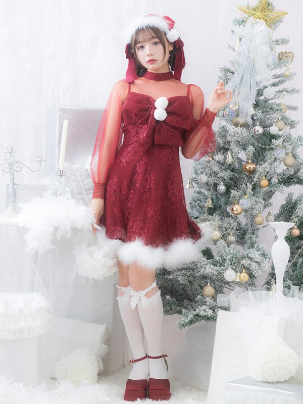 画像10: SALE!【サンタコス 3点セット】【S-XLサイズ/1カラー】チュールスリーブレースリボンサンタコスプレ[YMT] (10)