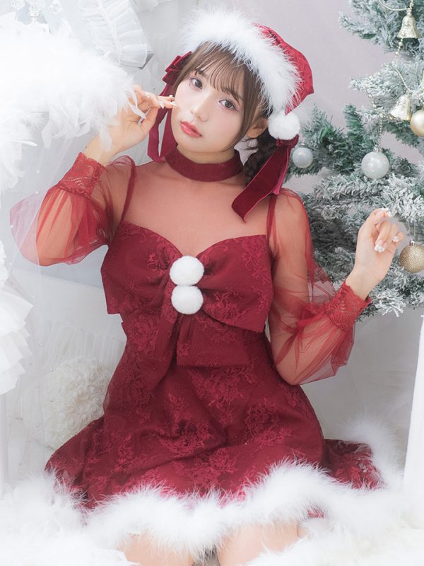 画像12: SALE!【サンタコス 3点セット】【S-XLサイズ/1カラー】チュールスリーブレースリボンサンタコスプレ[YMT] (12)