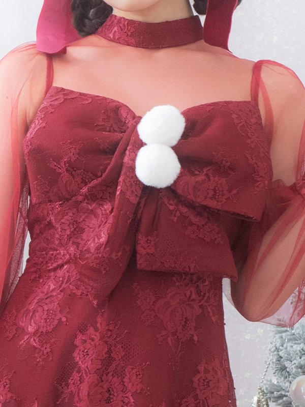 画像15: SALE!【サンタコス 3点セット】【S-XLサイズ/1カラー】チュールスリーブレースリボンサンタコスプレ[YMT] (15)