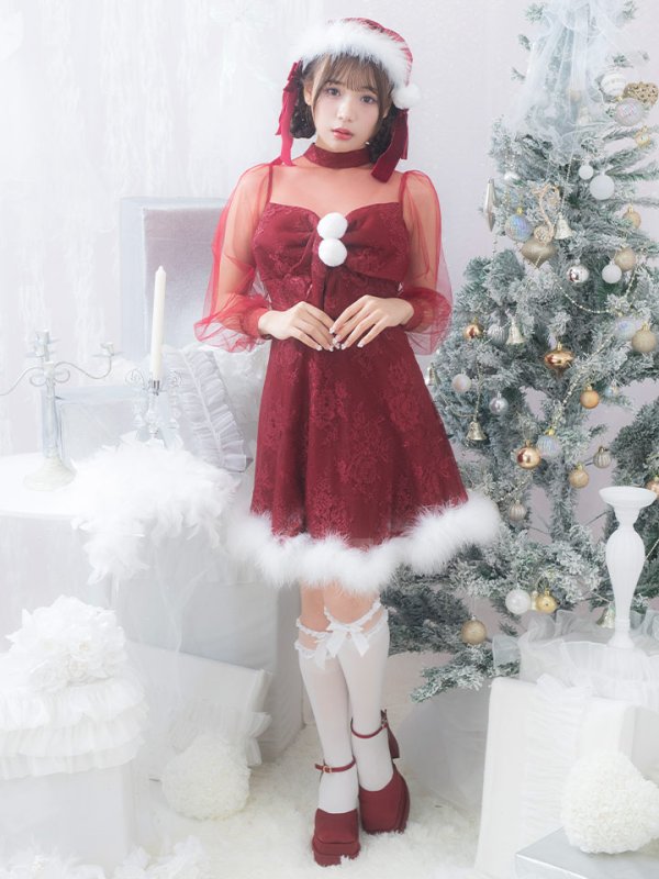 画像3: SALE!【サンタコス 3点セット】【S-XLサイズ/1カラー】チュールスリーブレースリボンサンタコスプレ[YMT] (3)