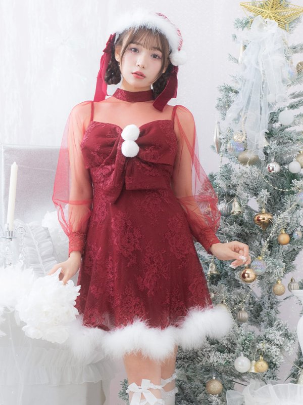 画像4: SALE!【サンタコス 3点セット】【S-XLサイズ/1カラー】チュールスリーブレースリボンサンタコスプレ[YMT] (4)