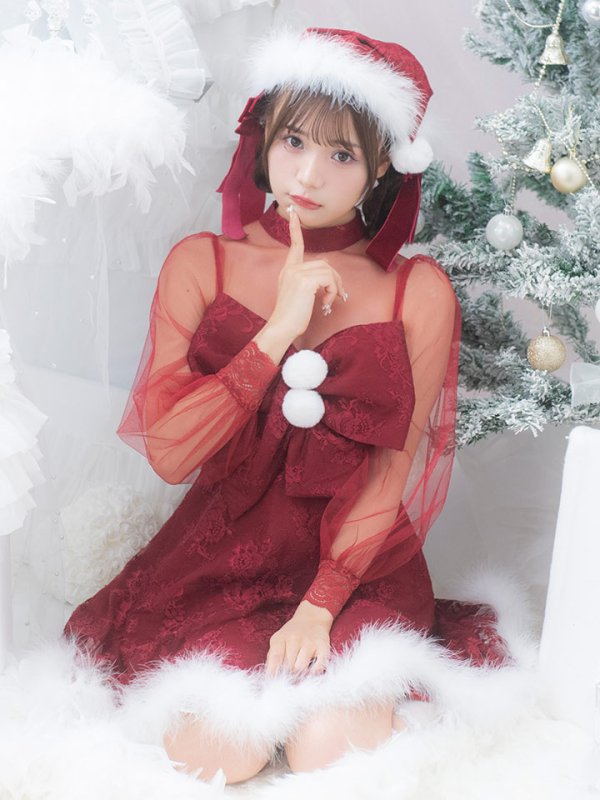 画像5: SALE!【サンタコス 3点セット】【S-XLサイズ/1カラー】チュールスリーブレースリボンサンタコスプレ[YMT] (5)