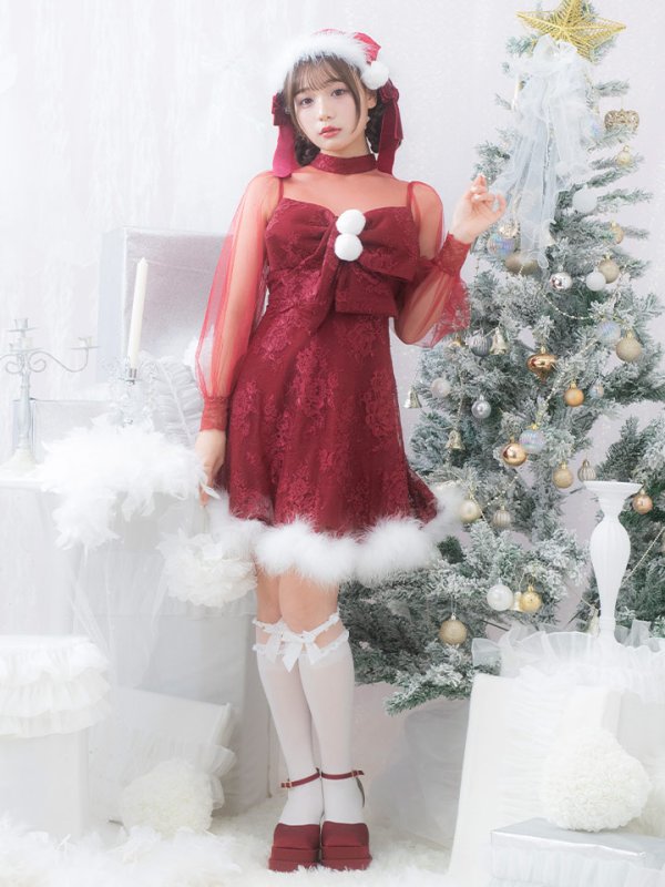 画像8: SALE!【サンタコス 3点セット】【S-XLサイズ/1カラー】チュールスリーブレースリボンサンタコスプレ[YMT] (8)