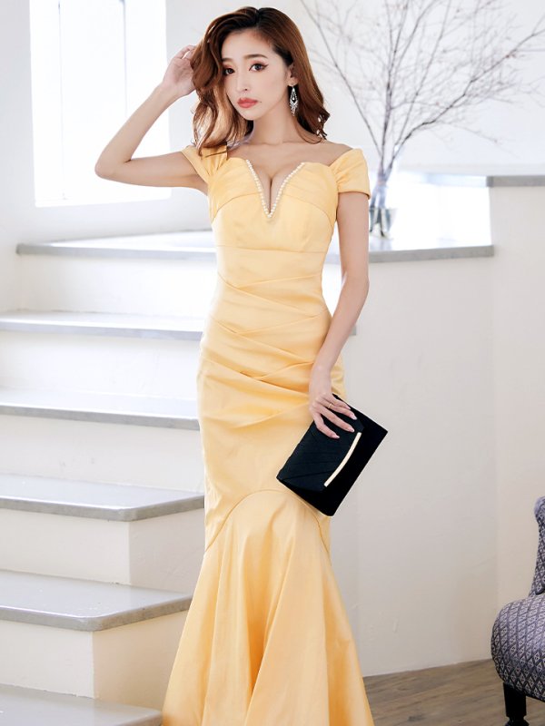 画像13: Lサイズあり【UNA VALERIE / ウナヴァレリェ】マーメイド/ Vネック/オフショル/ バックスピンドル/ ドレープ/ ロングドレス/ キャバドレス[OF05] (13)