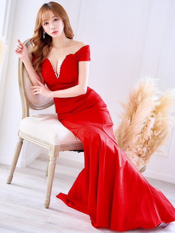 画像4: Lサイズあり【UNA VALERIE / ウナヴァレリェ】マーメイド/ Vネック/オフショル/ バックスピンドル/ ドレープ/ ロングドレス/ キャバドレス[OF05] (4)