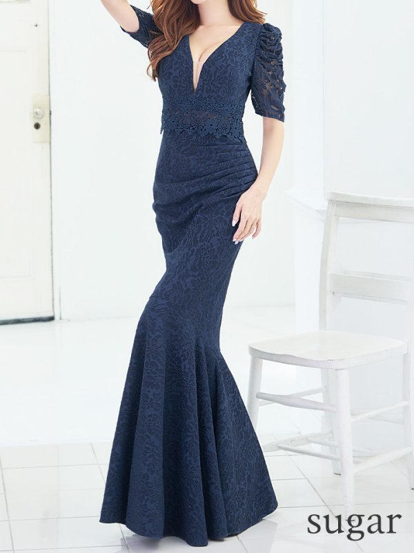 画像24: L-XLサイズあり【UNA VALERIE / ウナヴァレリェ】マーメイド/ 総レース/ Vネック/ 半袖/ 五分袖/ 袖あり/ 切り替えデザイン/ タック/ Aライン/ ロングドレス/ キャバドレス[OF05] (24)