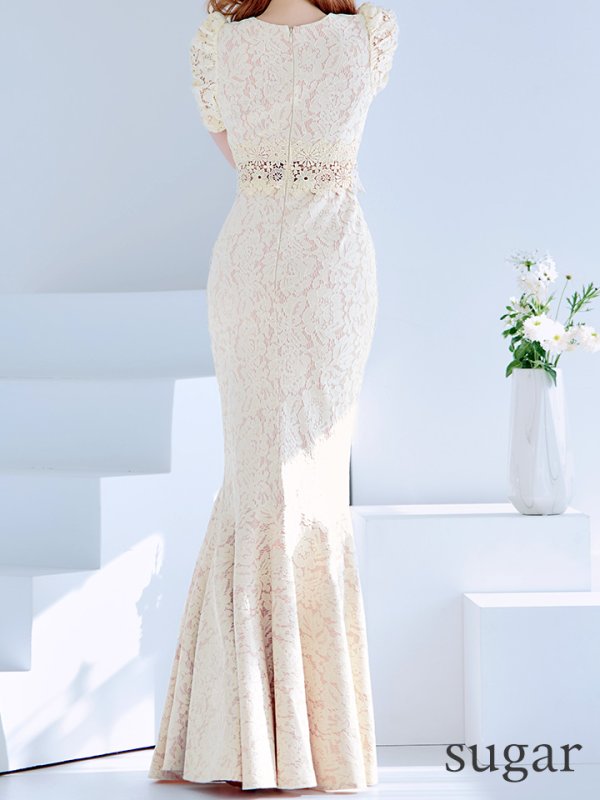 画像16: L-XLサイズあり【UNA VALERIE / ウナヴァレリェ】マーメイド/ 総レース/ Vネック/ 半袖/ 五分袖/ 袖あり/ 切り替えデザイン/ タック/ Aライン/ ロングドレス/ キャバドレス[OF05] (16)