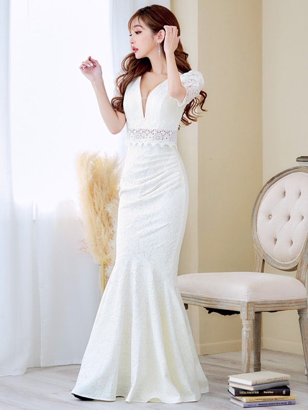 画像8: L-XLサイズあり【UNA VALERIE / ウナヴァレリェ】マーメイド/ 総レース/ Vネック/ 半袖/ 五分袖/ 袖あり/ 切り替えデザイン/ タック/ Aライン/ ロングドレス/ キャバドレス[OF05] (8)