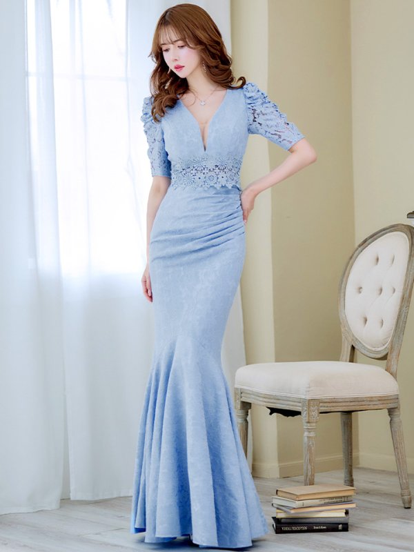 画像2: L-XLサイズあり【UNA VALERIE / ウナヴァレリェ】マーメイド/ 総レース/ Vネック/ 半袖/ 五分袖/ 袖あり/ 切り替えデザイン/ タック/ Aライン/ ロングドレス/ キャバドレス[OF05] (2)