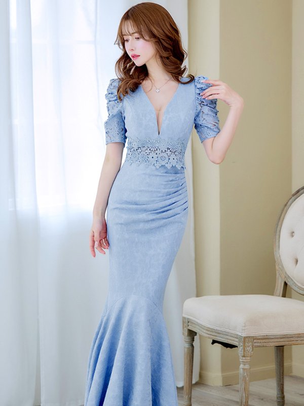画像18: L-XLサイズあり【UNA VALERIE / ウナヴァレリェ】マーメイド/ 総レース/ Vネック/ 半袖/ 五分袖/ 袖あり/ 切り替えデザイン/ タック/ Aライン/ ロングドレス/ キャバドレス[OF05] (18)