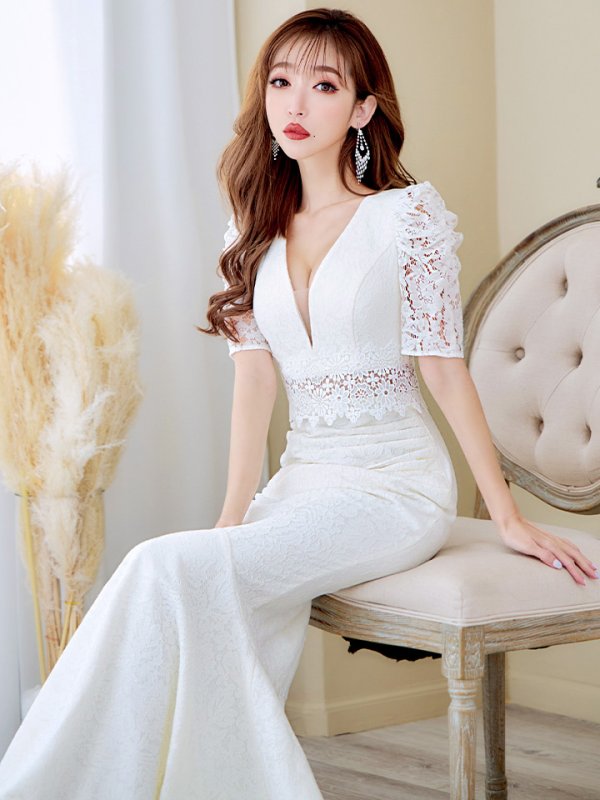 画像9: L-XLサイズあり【UNA VALERIE / ウナヴァレリェ】マーメイド/ 総レース/ Vネック/ 半袖/ 五分袖/ 袖あり/ 切り替えデザイン/ タック/ Aライン/ ロングドレス/ キャバドレス[OF05] (9)