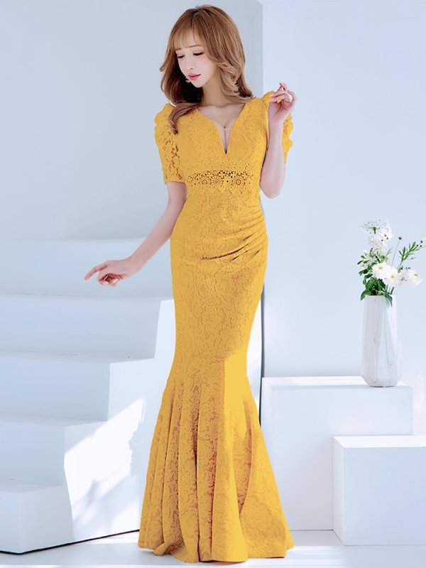 画像39: L-XLサイズあり【UNA VALERIE / ウナヴァレリェ】マーメイド/ 総レース/ Vネック/ 半袖/ 五分袖/ 袖あり/ 切り替えデザイン/ タック/ Aライン/ ロングドレス/ キャバドレス[OF05] (39)