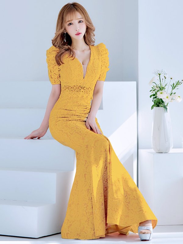 画像40: L-XLサイズあり【UNA VALERIE / ウナヴァレリェ】マーメイド/ 総レース/ Vネック/ 半袖/ 五分袖/ 袖あり/ 切り替えデザイン/ タック/ Aライン/ ロングドレス/ キャバドレス[OF05] (40)