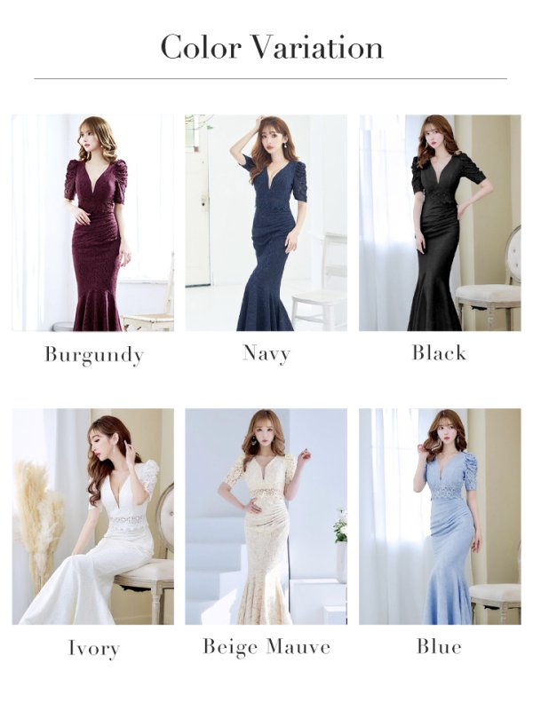 画像48: L-XLサイズあり【UNA VALERIE / ウナヴァレリェ】マーメイド/ 総レース/ Vネック/ 半袖/ 五分袖/ 袖あり/ 切り替えデザイン/ タック/ Aライン/ ロングドレス/ キャバドレス[OF05] (48)