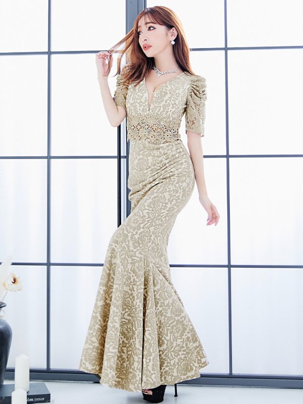 画像7: L-XLサイズあり【UNA VALERIE / ウナヴァレリェ】マーメイド/ 総レース/ Vネック/ 半袖/ 五分袖/ 袖あり/ 切り替えデザイン/ タック/ Aライン/ ロングドレス/ キャバドレス[OF05] (7)