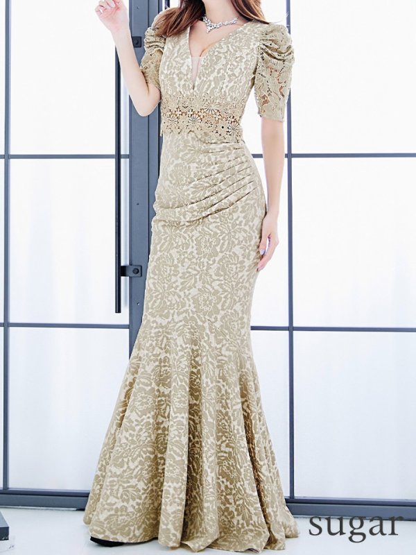 画像33: L-XLサイズあり【UNA VALERIE / ウナヴァレリェ】マーメイド/ 総レース/ Vネック/ 半袖/ 五分袖/ 袖あり/ 切り替えデザイン/ タック/ Aライン/ ロングドレス/ キャバドレス[OF05] (33)