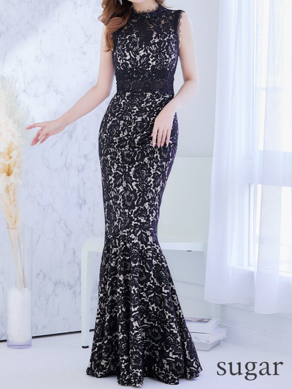 画像9: Lサイズあり【UNA VALERIE / ウナヴァレリェ】総レース/ ハイネック/ ノースリーブ/ マーメイド/ ロングドレス/ キャバドレス[OF05] (9)