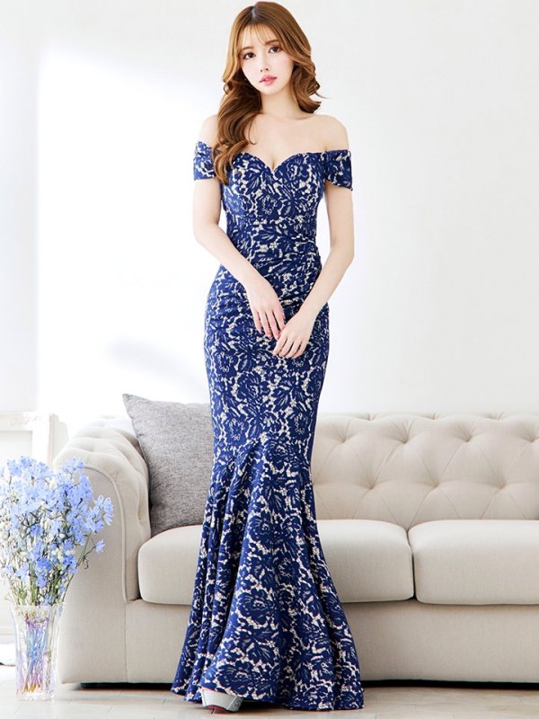 画像13: Lサイズあり【UNA VALERIE / ウナヴァレリェ】 フラワーレース/ オフショル/ タック/ マーメイド/ ロングドレス/ キャバドレス long[OF05] (13)