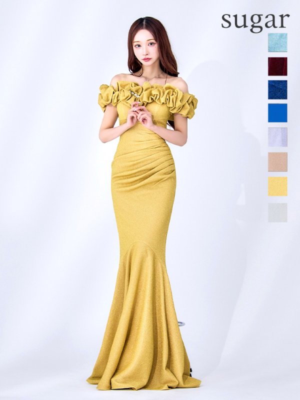 ロングドレス 胸元フリル マーメイド ロング オフショル 上品 Lサイズあり【UNA VALERIE / ウナヴァレリェ】フリル