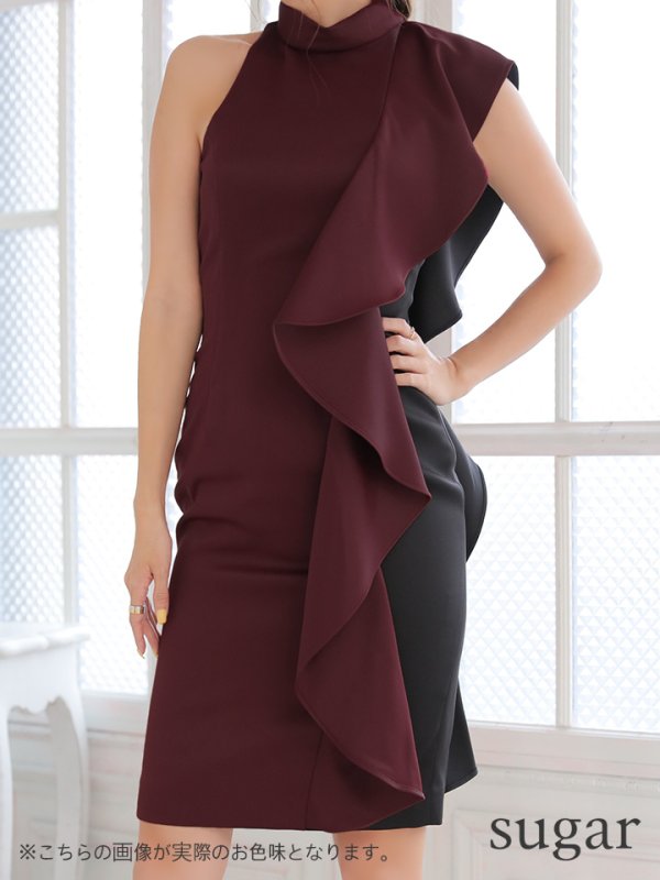 画像4: 【VELIQUE/ヴェリーク】［日本製］サイドフリル/ アシンメトリー/ バイカラー/ ハイネック/ ひざ丈/ ミディアムドレス/ キャバドレス【HC02】 (4)