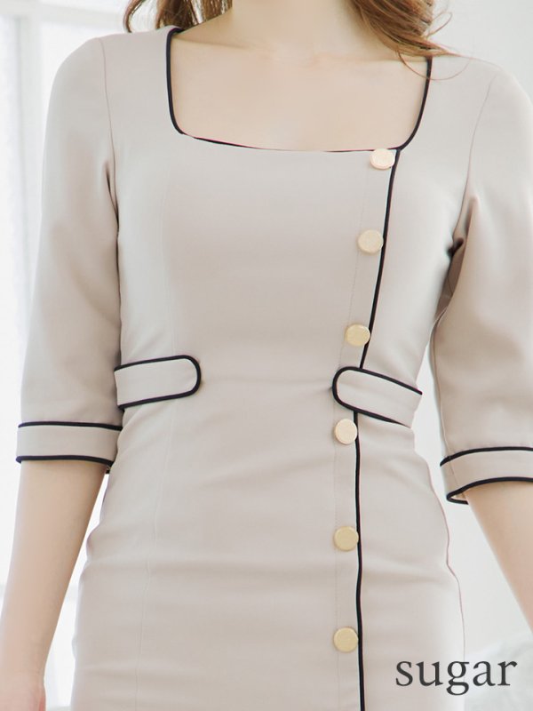 画像11: 【Andy GLAMOROUS/アンディグラマラス】スクエアネック/ ラインデザイン/ ストレッチ/ 袖あり/ ボタン/ タイト/ ミニドレス/ キャバドレス[OF05] (11)