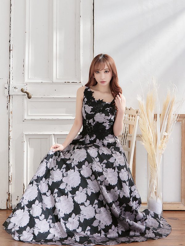 画像12: Lサイズあり【UNA VALERIE / ウナヴァレリェ】 プリンセス/ 花柄/ バックリボン/ アシンメトリースリーブ/ ロングドレス/ キャバドレス[OF05] (12)