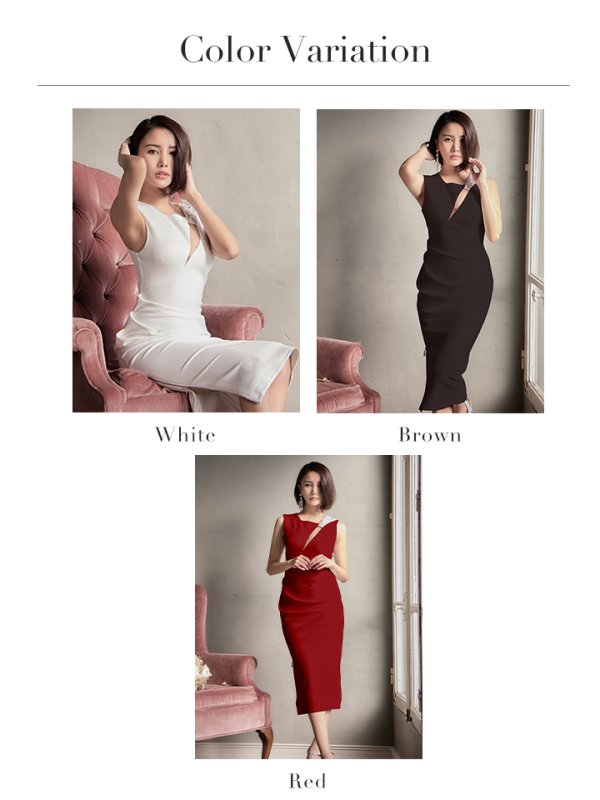 画像15: XS-Lサイズあり【Veautt/ヴュート】ショルダービジュー/ ウエストギャザー/ サイドジップ/ タイト/ ひざ丈/ ミディアム/ キャバドレス[OF05] (15)