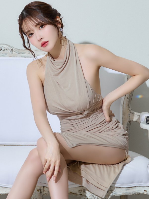 画像2: XSサイズあり【Veautt/ヴュート】【OF05】ハイネック/ ギャザー/ ドレープデザイン/ タイト/ ミディアムドレス/ キャバドレス (2)