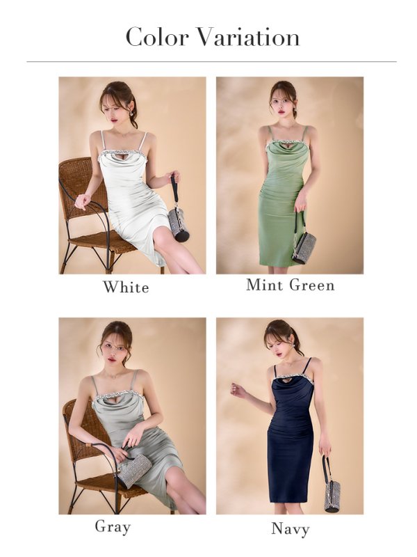 画像32: XSサイズあり【Veautt/ヴュート】【OF05】ベアトップ/ バストカット/ ドレープ/ ビジュー/ サテン/ タイト/ ミディアムドレス/ キャバドレス (32)