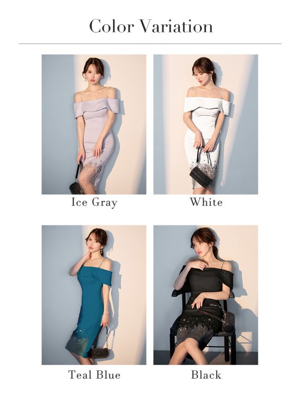 画像27: XSサイズあり【Veautt/ヴュート】【OF05】オフショルダー/ フラワーレース/ ビジュー/ シアー/ タイト/ ミディアムドレス/ キャバドレス (27)