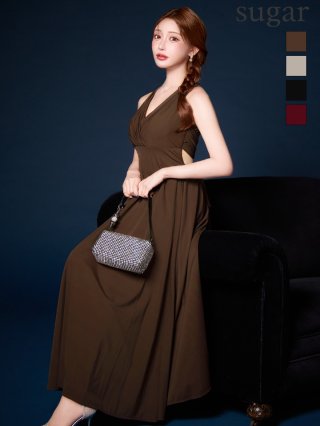 ダークブラウン マキシチュールドレス 新色登場!花柄刺繍ぺプラムロングドレス/チュール/レース