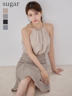 【Veautt/ヴュート】【OF05】ホルターネック/ チェーン/ サテン/ プリーツ/ バイカラー/ フレア/ ミディアムドレス/ キャバドレス