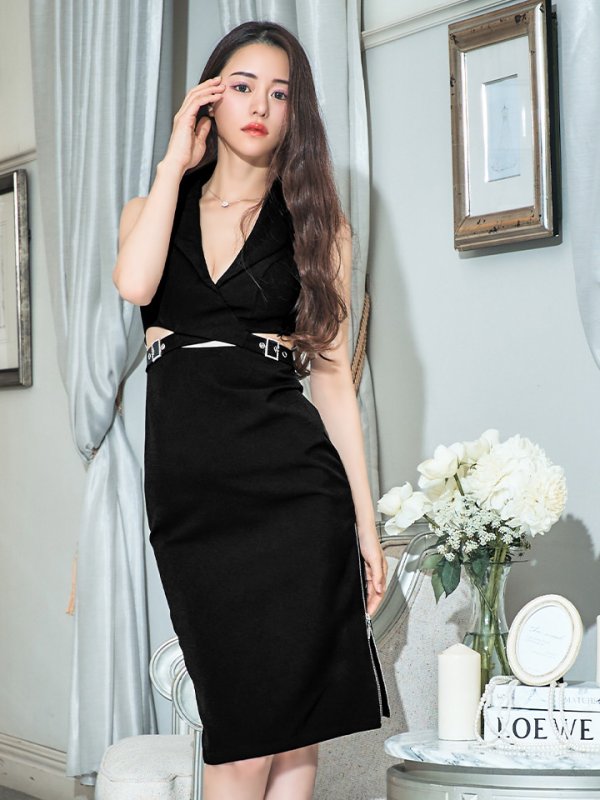 画像11: XSサイズあり【Veautt/ヴュート】【OF05】オープンカラー/ バストクロス/ ワンカラー/ シンプル/ タイト/ ミディアムドレス/ キャバドレス (11)