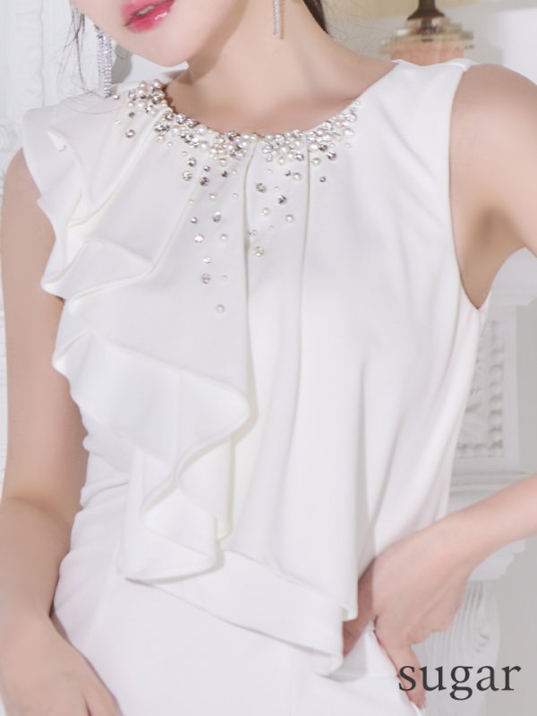 画像21: XSサイズあり【Veautt/ヴュート】 アッパーフリルデザイン/ ビジュー/ ファスナー/ タイト/ ミディアムドレス/ キャバドレス (21)