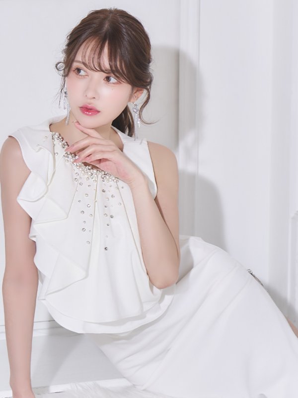 画像16: XSサイズあり【Veautt/ヴュート】 アッパーフリルデザイン/ ビジュー/ ファスナー/ タイト/ ミディアムドレス/ キャバドレス (16)